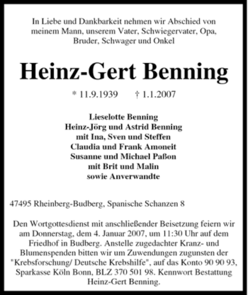 Traueranzeige von Heinz-Gert Benning von Tageszeitung