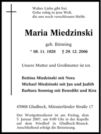 Traueranzeige von Maria Miedzinski von Tageszeitung