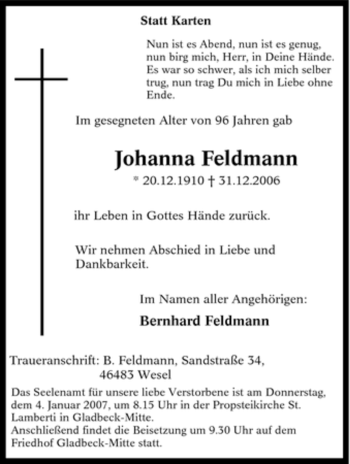 Traueranzeige von Johanna Feldmann von Tageszeitung