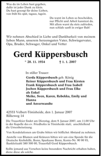 Traueranzeige von Gerd Küppers von Tageszeitung