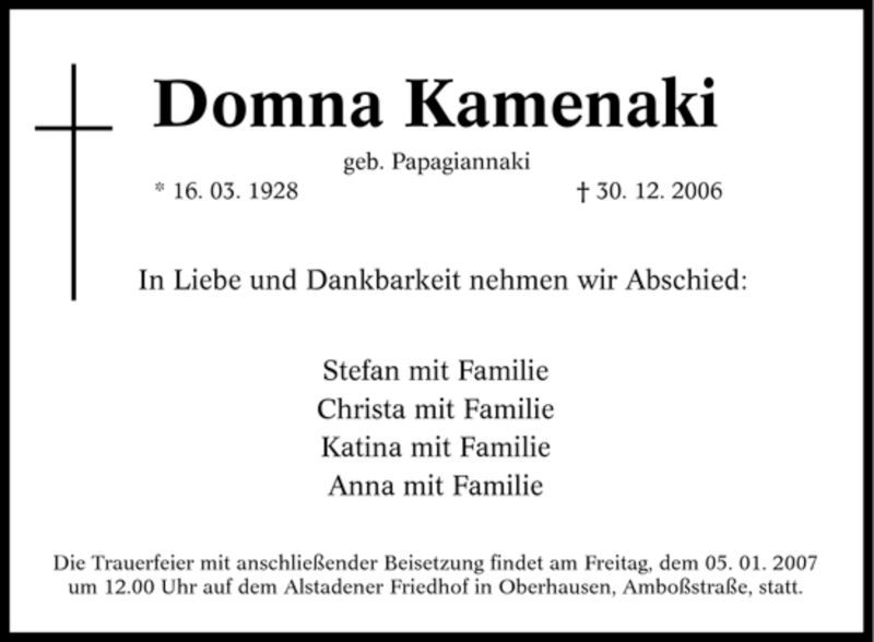  Traueranzeige für Domna Kamenaki vom 04.01.2007 aus Tageszeitung
