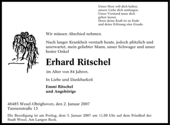 Traueranzeige von Erhard Ritschel von Tageszeitung