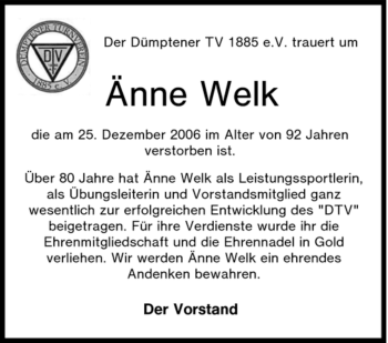 Traueranzeige von Änne Welk von Tageszeitung