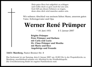Traueranzeige von Werner René Prümper von Tageszeitung
