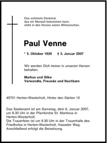 Traueranzeige von Paul Venne von Tageszeitung