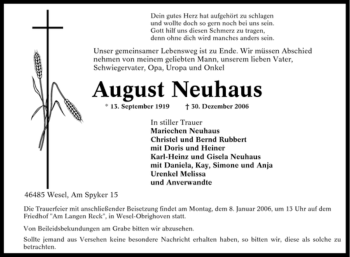 Traueranzeige von August Neuhaus von Tageszeitung