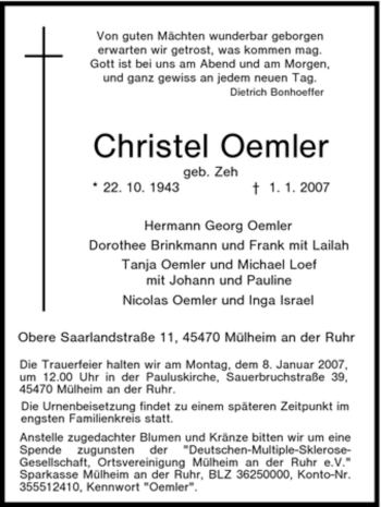 Traueranzeige von Christel Oemler von Tageszeitung