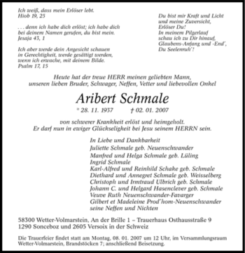 Traueranzeige von Aribert Schmale von Tageszeitung