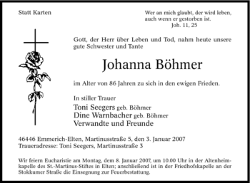 Traueranzeige von Johanna Böhmer von Tageszeitung