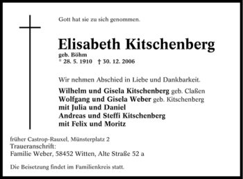 Traueranzeige von Elisabeth Kitschenberg von Tageszeitung