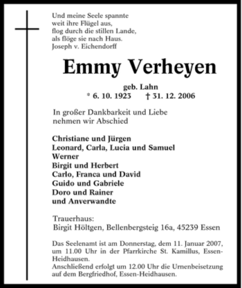 Traueranzeige von Emmy Verheyen von Tageszeitung