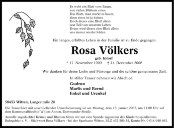 Traueranzeige von Rosa Völkers von Tageszeitung