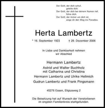 Traueranzeige von Herta Lambertz von Tageszeitung