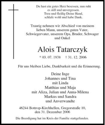 Traueranzeige von Alois Tatarczyk von Tageszeitung