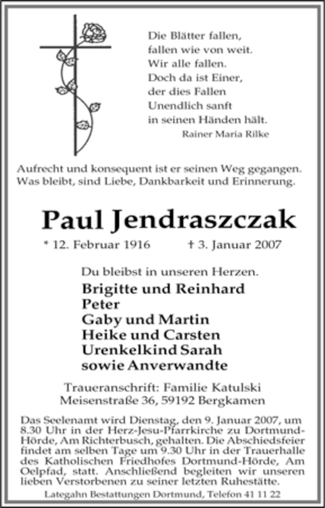  Traueranzeige für Paul Jendraszczak vom 05.01.2007 aus Tageszeitung