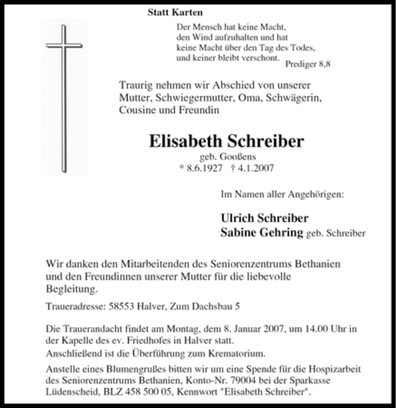  Traueranzeige für Elisabeth Schreiber vom 05.01.2007 aus Tageszeitung