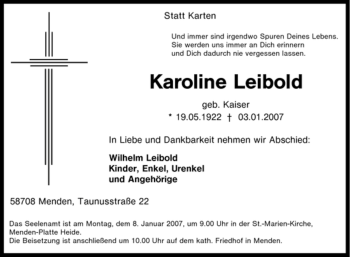 Traueranzeige von Karoline Leibold von Tageszeitung