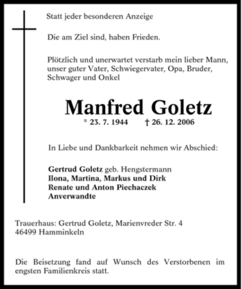 Traueranzeige von Manfred Goletz von Tageszeitung