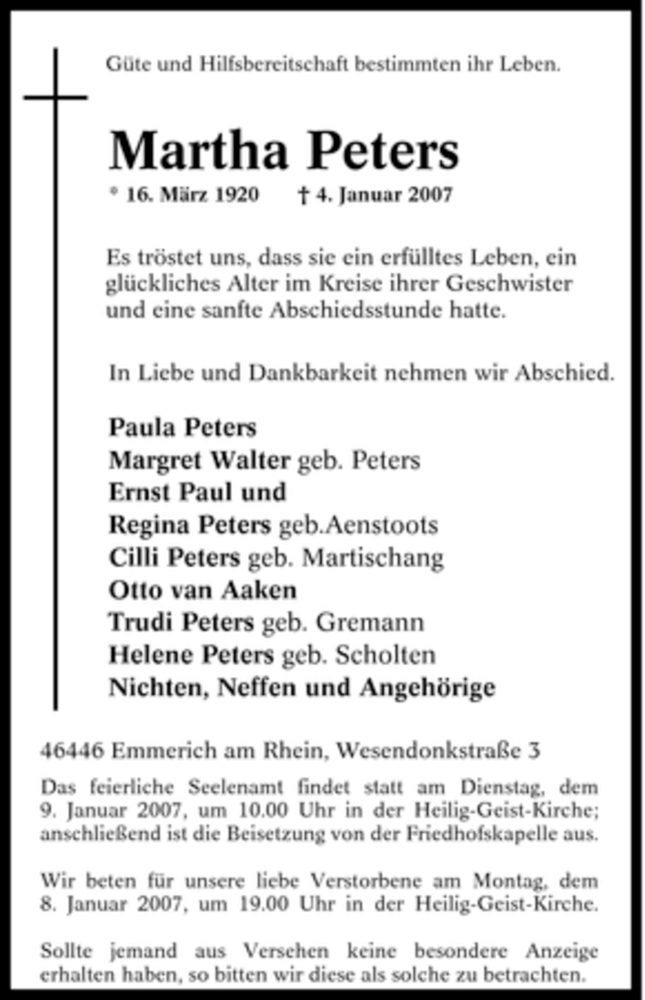  Traueranzeige für Martha Peters vom 05.01.2007 aus Tageszeitung
