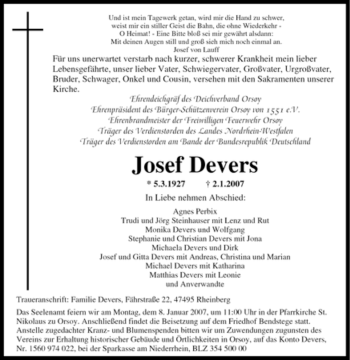 Traueranzeige von Josef Devers von Tageszeitung