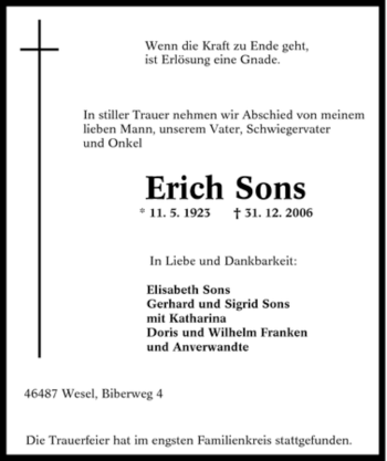Traueranzeige von Erich Sons von Tageszeitung