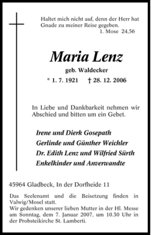  Traueranzeige für Maria Lenz vom 05.01.2007 aus Tageszeitung