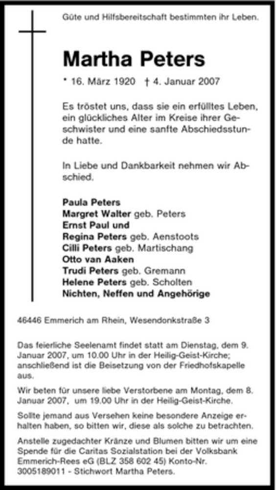  Traueranzeige für Martha Peters vom 05.01.2007 aus Tageszeitung