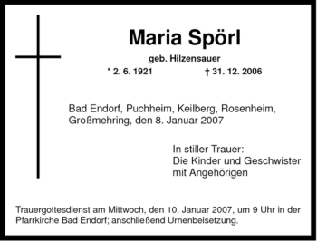 Traueranzeige von Maria Spörl von Tageszeitung