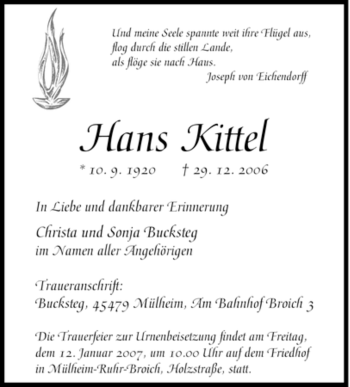 Traueranzeige von Hans Kittel von Tageszeitung