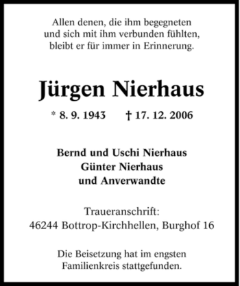 Traueranzeige von Jürgen Nierhaus von Tageszeitung