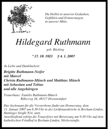 Traueranzeige von Hildegard Ruthmann von Tageszeitung