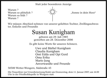 Traueranzeige von Susan Kunigham von Tageszeitung