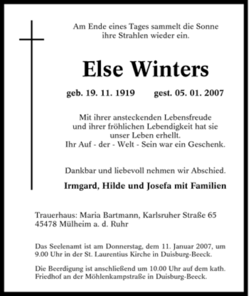 Traueranzeige von Else Winters von Tageszeitung