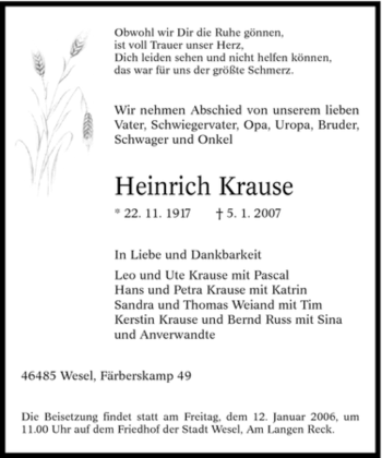Traueranzeige von Heinrich Krause von Tageszeitung