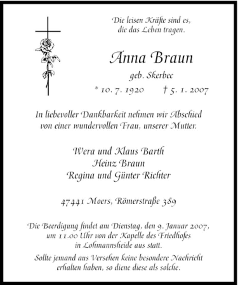  Traueranzeige für Anna Braun vom 08.01.2007 aus Tageszeitung