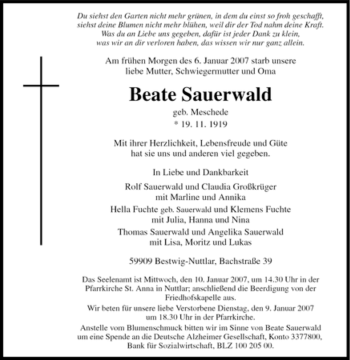 Traueranzeige von Beate Sauerwald von Tageszeitung