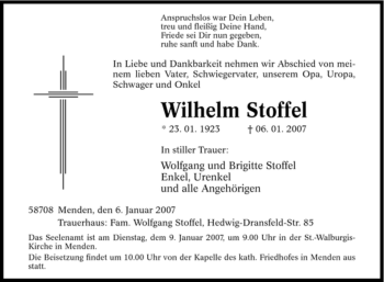 Traueranzeige von Wilhelm Stoffel von Tageszeitung