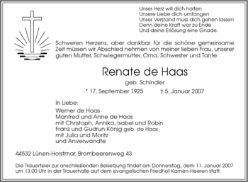 Traueranzeige von Renate de Haas von Tageszeitung
