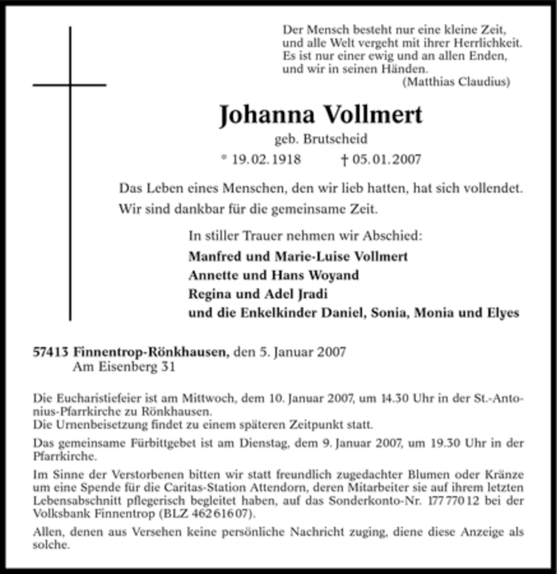  Traueranzeige für Johanna Vollmert vom 08.01.2007 aus Tageszeitung
