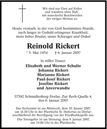 Traueranzeige von Reinold Rickert von Tageszeitung