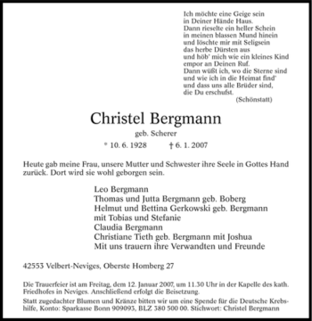 Traueranzeige von Christel Bergmann von Tageszeitung