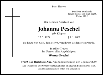 Traueranzeige von Johanna Peschel von Tageszeitung