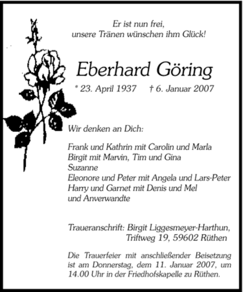  Traueranzeige für Eberhard Göring vom 08.01.2007 aus Tageszeitung