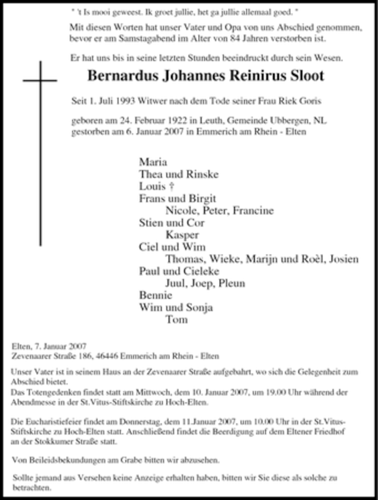  Traueranzeige für Bernardus Johannes Reinirus Sloot vom 09.01.2007 aus Tageszeitung