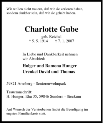 Traueranzeige von Charlotte Gube von Tageszeitung