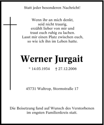 Traueranzeige von Werner Jurgait von Tageszeitung