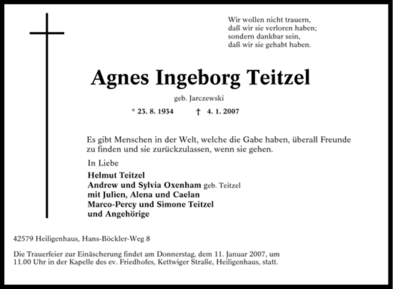  Traueranzeige für Agnes Ingeborg Teitzel vom 09.01.2007 aus Tageszeitung
