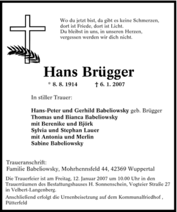 Traueranzeige von Hans Brügger von Tageszeitung