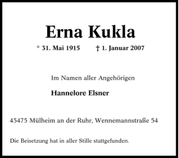 Traueranzeige von Erna Kukla von Tageszeitung