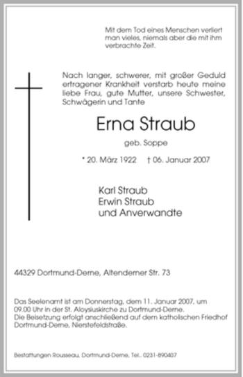 Traueranzeige von Erna Straub von Tageszeitung